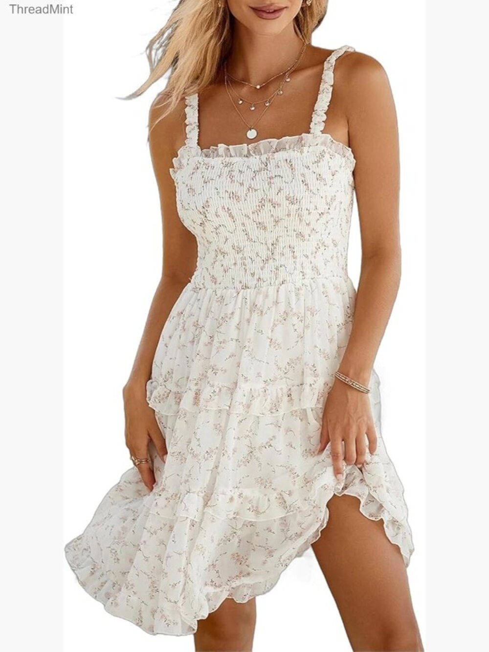 Chiffon Floral Swing Dress Square Neck Strappy Beach Summer